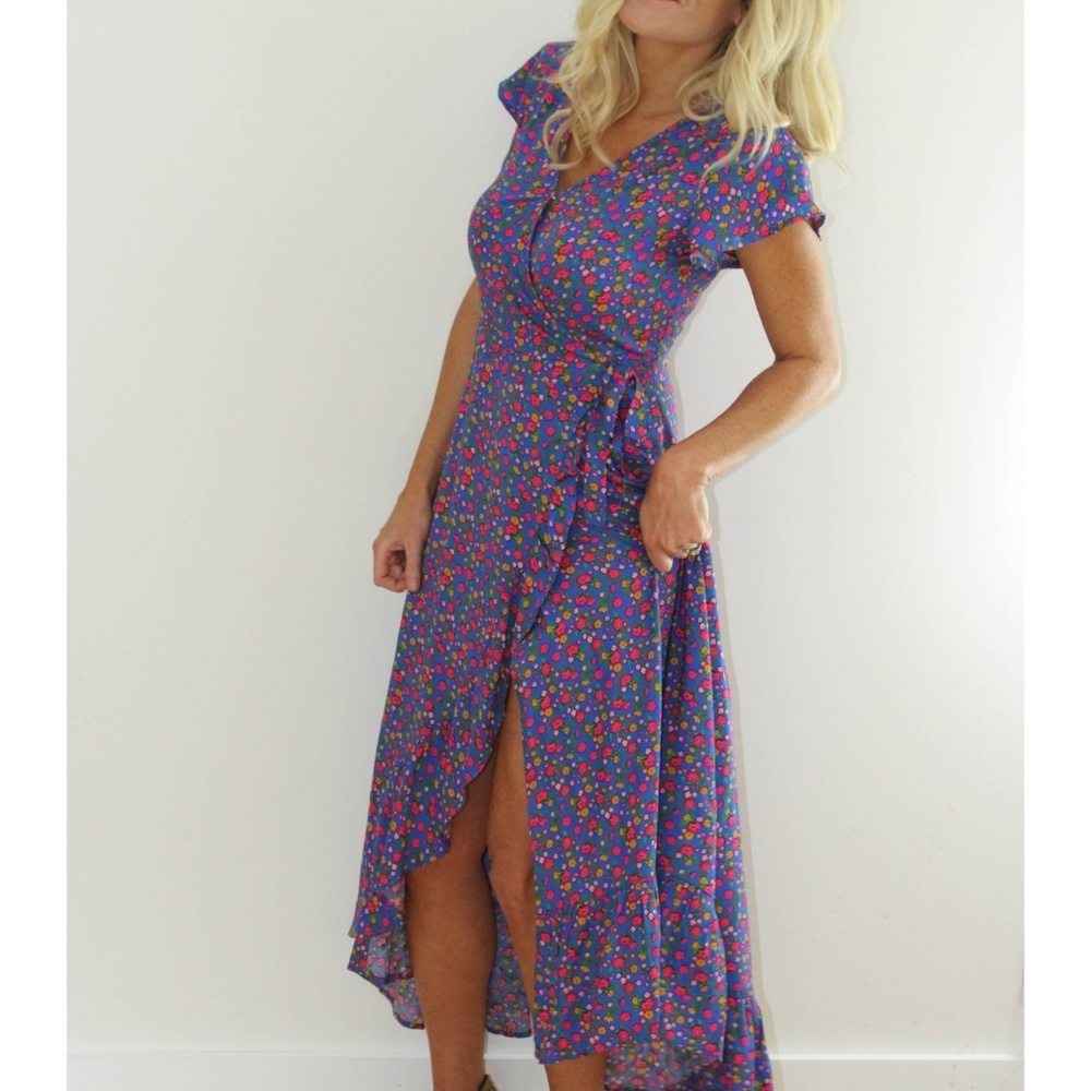 💃 Blue floral midi maxi summer sun wrap dress